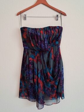 Tibi Silk Strapless Floral Cocktail Dress in Teal, Purple and Red